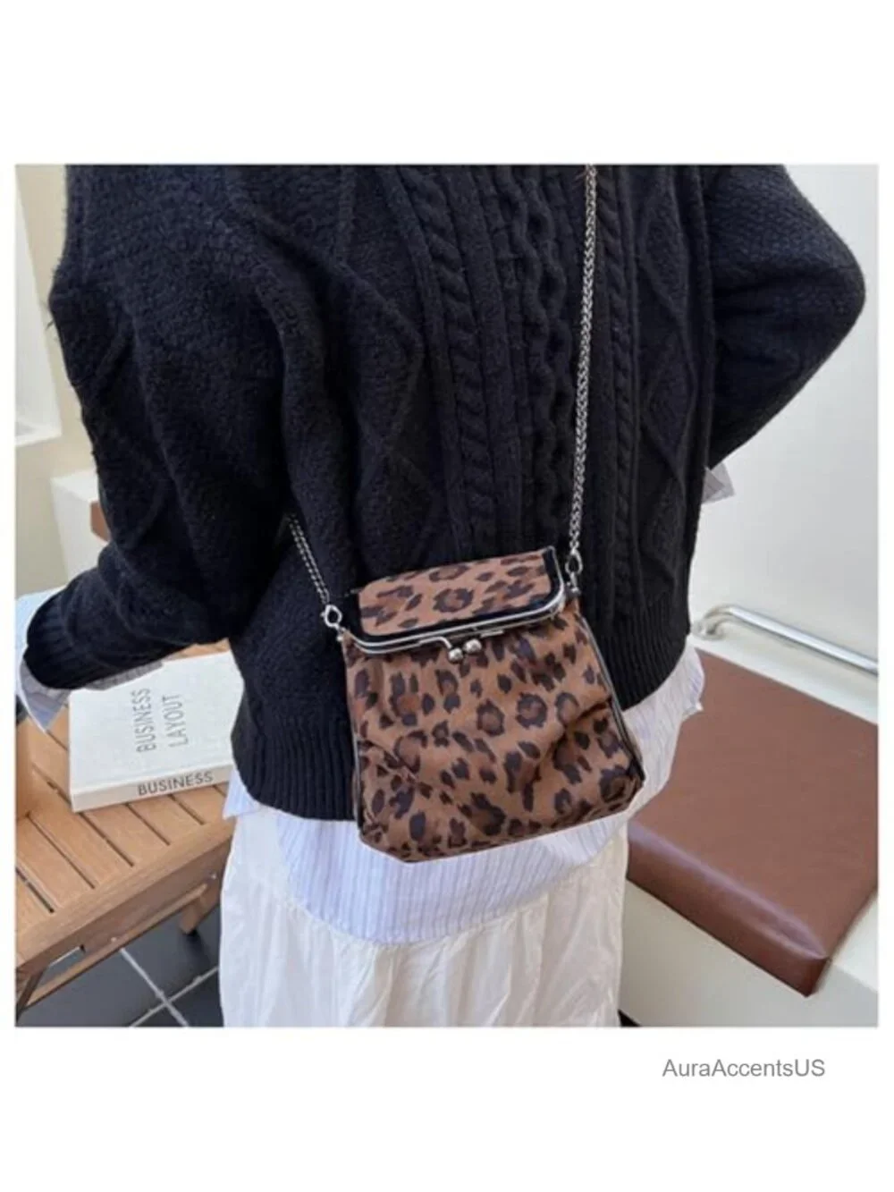Leopard Print Faux Suede Satchel Crossbody Bag with Kiss Lock and Chain